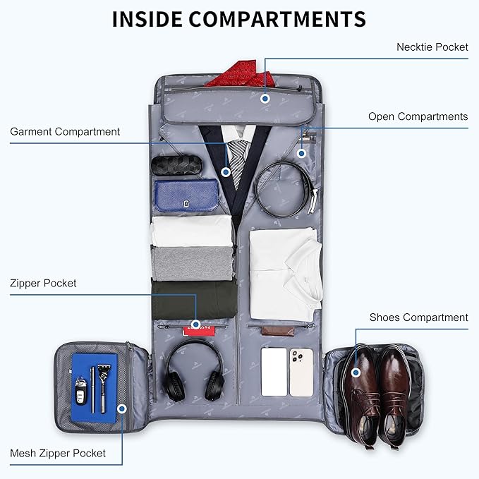 WITZMAN Garment Duffle Bags for Travel Mens Large Convertible Carry On Suit Garment Bag for Men Hanging Clothes with Shoe Compartment（B725 Silvery Grey）