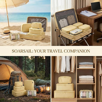 Compression Packing Cubes for Travel, 6-Piece Set (L/M/S), Double-Zip Luggage Organizers with Mesh Panels, Space-Saving Clothes Storage Bags for Suitcase & Carry-On (6 Pack, Bright Yellow)