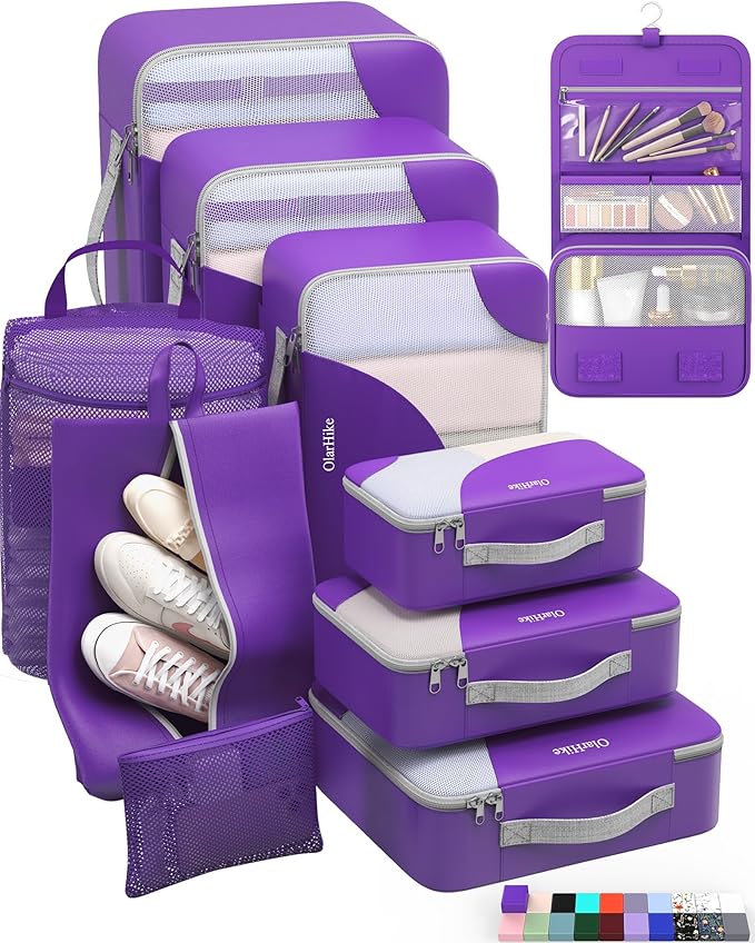 ALL INCLUDED 10 Set Durable Packing Cubes for Suitcases,OlarHike Essentials for Travel,UPGRADED Anti-Tear Stitching, NEW Improved Luggage Packing Organizers for Travel Accessories (Lavender)
