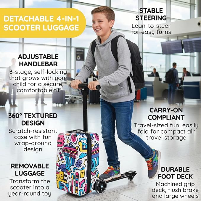 Teen Totes Detachable 4-in-1 Scooter Luggage for Kids – Ride-On Suitcase with Removable Luggage Body, Adjustable Handlebar, Durable Deck & Brake, Carry-On Size – Travel & Play