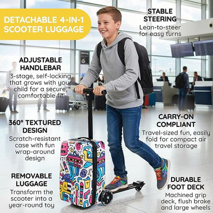 Teen Totes Detachable 4-in-1 Scooter Luggage for Kids – Ride-On Suitcase with Removable Luggage Body, Adjustable Handlebar, Durable Deck & Brake, Carry-On Size – Travel & Play