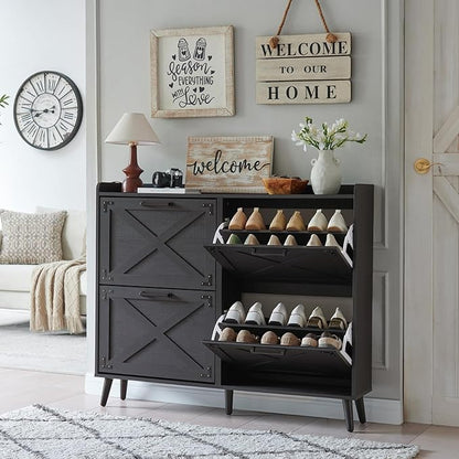 Shoe Storage Cabinet,Farmhouse Shoe Organizer with 4 Flip Drawers & Barn Door Design,Freestanding Hidden Slim Narrow Shoe Rack Cabinet for Entryway,Foyer,Hallway,Black