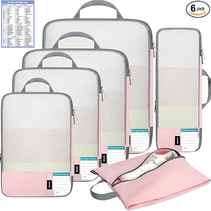 BAGAIL 6 Set Lightweight Compression Packing Cubes with Packing List, Anti-Tearing Expandable Organizer Bags for Travel, Pink
