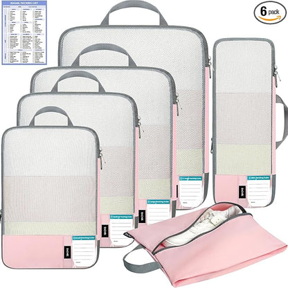 BAGAIL 6 Set Lightweight Compression Packing Cubes with Packing List, Anti-Tearing Expandable Organizer Bags for Travel, Pink