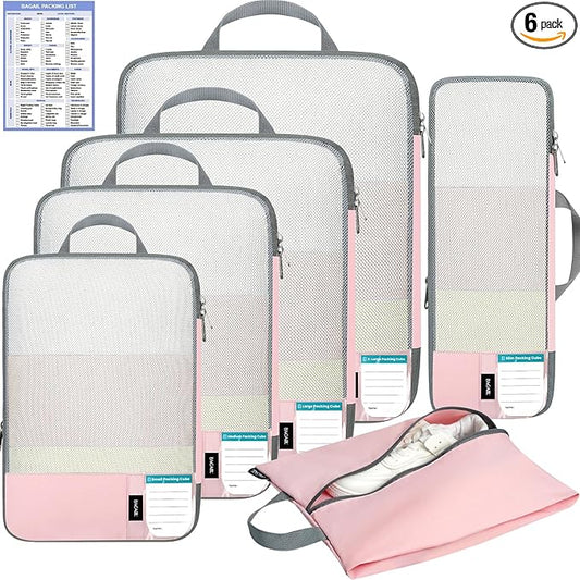 BAGAIL 6 Set Lightweight Compression Packing Cubes with Packing List, Anti-Tearing Expandable Organizer Bags for Travel, Pink