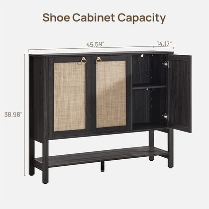 SICOTAS Shoe Cabinet with Storage - 30 Pairs Rattan Shoe Organizer with Adjustable Shelves & 3 Doors, Boho 46'' Wide Shoe Rack Cabinet for Entryway, Hallway, Living Room (Obsidian)
