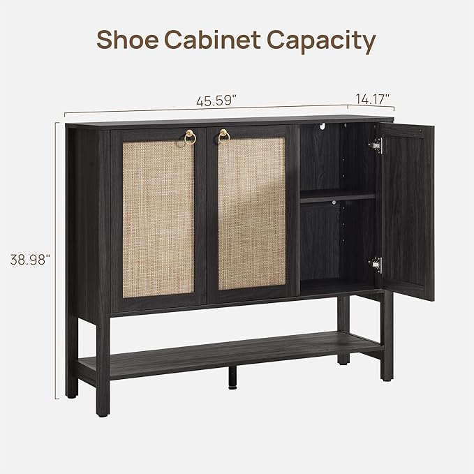 SICOTAS Farmhouse Shoe Cabinet with Storage - 2 Pieces Large Rattan Shoe Organizer with Adjustable Shelves & 3 Doors, Boho Shoe Rack Cabinet for Entryway, Hallway, Living Room (Obsidian)
