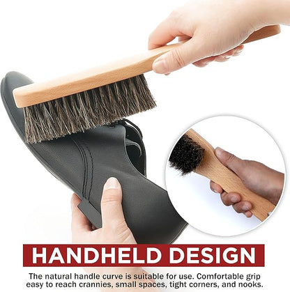 TAKAVU Horsehair Shoe Boot Brush 10.2 Inches - Hat Brush, Hand Broom With 100% Soft Genuine Horse Hair Bristles, Long Beech Wood Handle for Cleaning Shoes, Boots, Counters, Beds, Clothes, Furniture