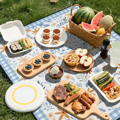 Extra Large Picnic Outdoor Blanket 80''x80'' Blue Plaid Flowers Waterproof and Sandproof Picnic Mat for Beach Foldable Camping Accessories for Grass Lawn Park