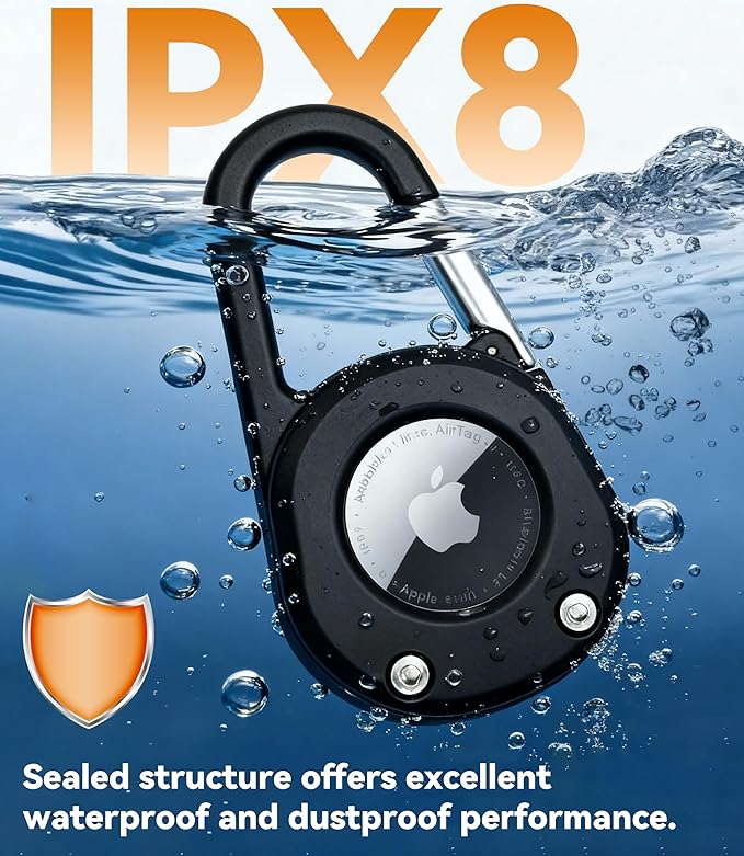 Compatible with Airtag Holder Keychain Case: Ipx8 Waterproof Anti Theft Secure Air Tag Key Chain Scratch Carabiner Airtags Accessories Protective Cover Tracker for Pet Luggage Bag Kids Backpack Black