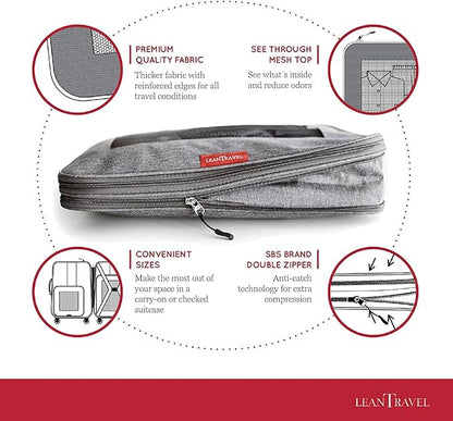 LeanTravel Compression Packing Cubes for Travel Organizers with Double Zipper (3-Pack (2L+1M), Grey)