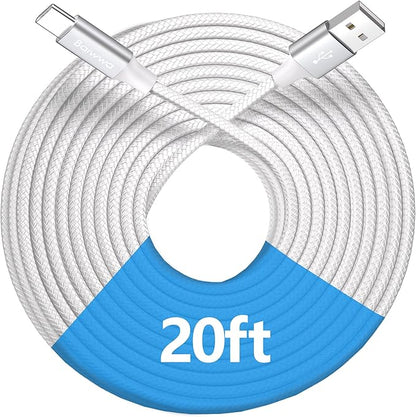 Extra Long White USB C Cable 20ft, USB A to Type C Cable Charger Cord Premium Nylon Braided for iPhone 16 15 Series Samsung Galaxy Note Tab, Moto, LG, Pixel and More USB C Smartphone & Tablet