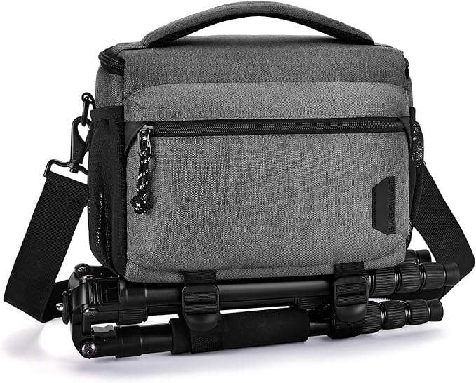 BAGSMART Small Camera Bag for Photographers, Compact Camera Shoulder Bags for DSLR/SLR/Mirrorless Cameras, Waterproof Crossbody Camera Case with Tripod Holder, Grey