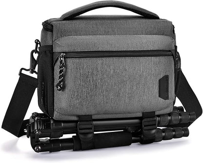 BAGSMART Small Camera Bag for Photographers, Compact Camera Shoulder Bags for DSLR/SLR/Mirrorless Cameras, Waterproof Crossbody Camera Case with Tripod Holder, Grey