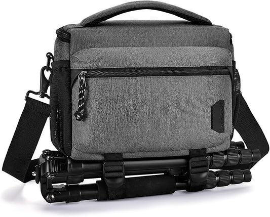 BAGSMART Small Camera Bag for Photographers, Compact Camera Shoulder Bags for DSLR/SLR/Mirrorless Cameras, Waterproof Crossbody Camera Case with Tripod Holder, Grey