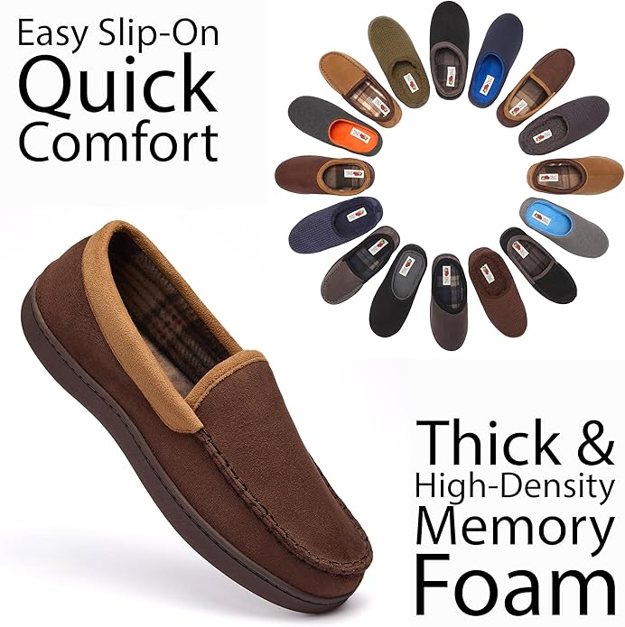 Fruit of the Loom Men’s Memory Foam House Slippers Indoor Outdoor – Microsuede Venetian Cozy Warm Men’s Slippers Plush House Shoes, Sizes 7-14