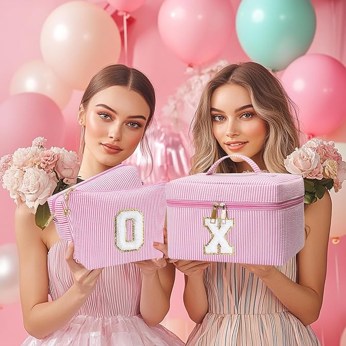 Personalized Monogram Makeup Bag, 3PCS Custom Monogrammed Toiletry Cosmetic Bag for 6-18 Teen Girls Women,Birthday Graduation Gifts Initial Pouch Makeup Bags for Women Girls, Make Up Bag (N, Pink)