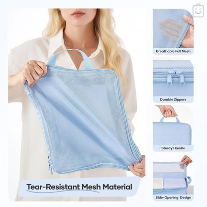 Veken 11 Set Compression Packing Cubes for Travel Essentials,Compressible Expandable Large Luggage Suitcase Organizer Bags for Clothing,Durable Space Saver Storage Bags with Toiletry Bags(Light Blue)