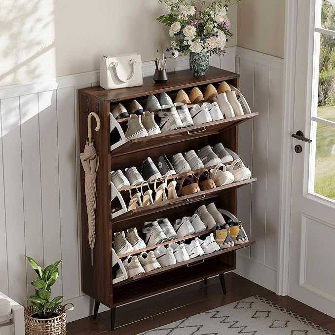 Shoe Organizer Cabinet Narrow with 3 Flip Drawers Shoe Rack Cabinet Hidden Slim Freestanding Shoe Storage Cabinet 24 Shoes for Entryway,Living Room, Rustic Walnut