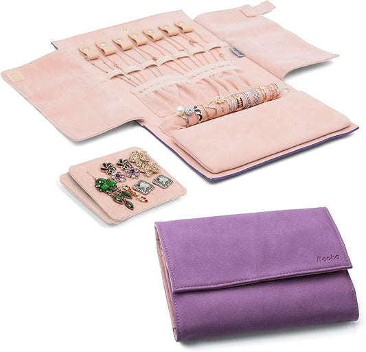 Becko US Jewelry Organizer Roll Travel Jewel Bag case for Multiple Necklaces, Rings, Bracelets, Supple Leather & Suede, Large Capacity Without Crease, Lightweight, Portable & Practical (Purple)