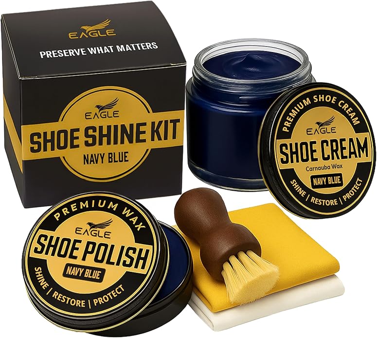 Eagle Shoe Shine Kit Navy Blue – 5-Piece Leather Shoe Polish & Cream Set with Brush & Cloths | Beeswax Waterproof Polish + Carnauba Wax Shoe Cream | Restore, Shine & Protect Dress Shoes & Boots