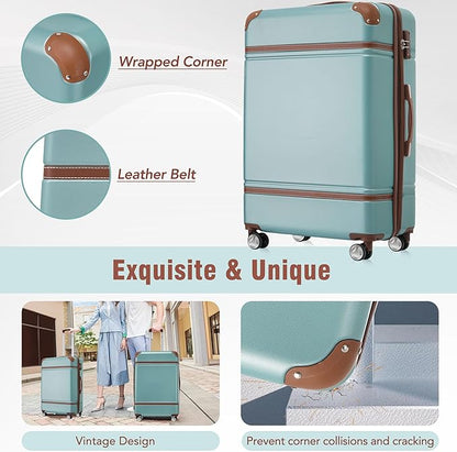 Merax Luggage Set, 2 Piece Luggage with Cosmetic Case, Vintage Hardcase Suitcase with Wheels, Expandable Luggage Airline Approved(Blue Green,20"+28")