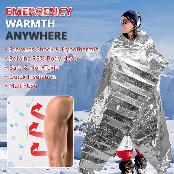 SecuCaptain Survival Emergency Thermal Blankets: Extra Large 84” x63” Space Mylar Blanket Kit for Outdoor Cold Winter Camping Hiking Car Bug Out Bag or First Aid - 4 Pack