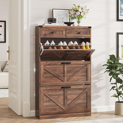 Shoe Cabinet with 3 Flip Drawers & 2 Drawers,Freestanding Shoe Storage Cabinet for Entryway,Farmhouse Narrow Slim Organizer Rack for Foyer,Hallway,Dark Walnut