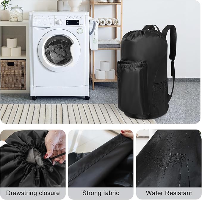 Gifts for Students, Polecasa Extra Heavy Duty Large Backpack Laundry Bag with Comfortable Padded Shoulder Straps & 4 Pockets, Christmas Gift for Women, Drawstring bag for Dorm, College, Travel, Black