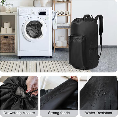 Gifts for Students, Polecasa Extra Heavy Duty Large Backpack Laundry Bag with Comfortable Padded Shoulder Straps & 4 Pockets, Christmas Gift for Women, Drawstring bag for Dorm, College, Travel, Black