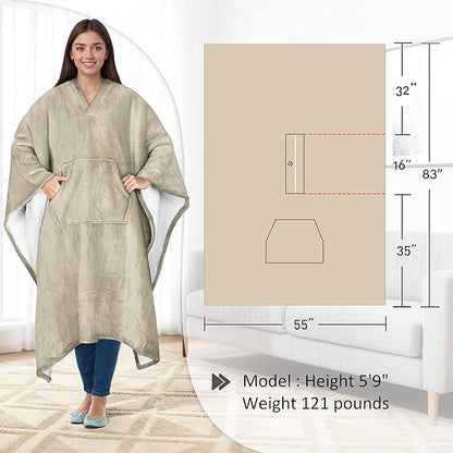 Catalonia Sherpa Wearable Blanket Poncho for Adult Women Men, Wrap Blanket Cape with Pocket, Warm, Soft, Cozy, Snuggly, Comfort Gift, No Sleeves, Camel