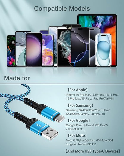 2-Pack USB A to USB C Cable, 6FT Fast Charging Nylon Braided Charger Cord, Type C Charger Cable for iPhone 17/17Pro/Air/16e/16/16Pro/15/15Pro, Samsung Galaxy S25/S24/S23/S22, Google Pixel 10/9/8 Pro