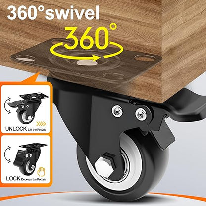 2 Inch Heavy Duty Casters 4 Sets of - Plate Casters with Brake, Bearing 600 pounds, 360 Degree Noiseless Rotating Wheels, Polyurethane (PU) Wheels for Furniture, Carts, Cabinets, Workbenches - Black