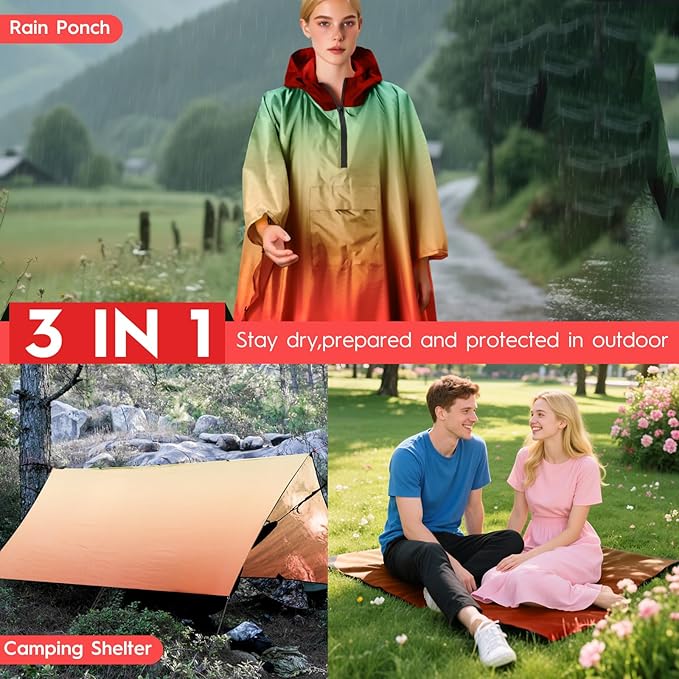Bruvoalon 3-in-1 Rain Poncho with 1/4 Zip & Chest Pocket, Waterproof, Sunshade, Ground Mat for Adults & Youth Emergency