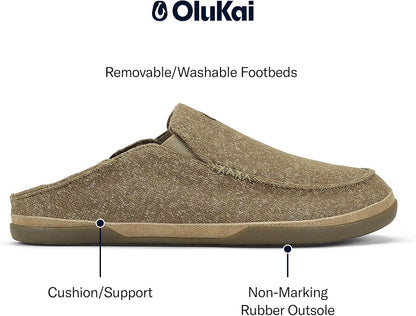 OLUKAI Moloa Hulu Men's Wool-Blend Slippers, Soft & Heathered Knit Slip On Shoes, Suede Leather Foxing, Drop-In Heel Design