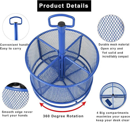 Marbrasse Mesh Desk Organizer, 360-Degree Rotating Multi-Functional Pen Holder, 4 Compartments Desktop Stationary Organizer, Home Office Art Supply Storage Box Caddy (Blue)