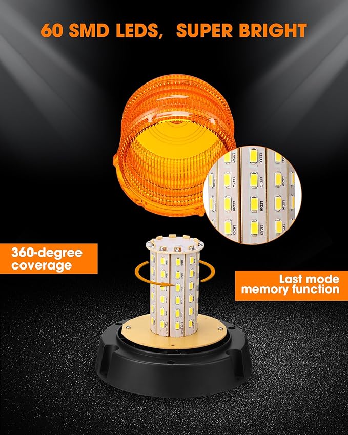 Leelosp 5 Pack 60 LED Amber Beacon Strobe Lights, 12v-24v Amber Warning Safety Flashing Beacon Strobe Light with Magnetic and 16ft Straight Cord for Truck Vehicle Forklift Tractor Golf Carts Utv Car