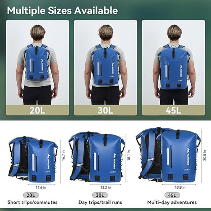 MARCHWAY Roll Top Waterproof Backpack, Floating Dry Bag 20L/30L/45L with Ergonomic Rectangular Base, Cushioned Back, Hip Strap for Hiking Camping Kayaking Travel (Blue, 30L)