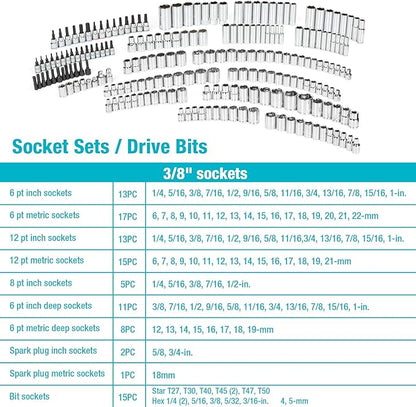 DURATECH 497-Piece Mechanics Tool Set, Include SAE/Metric Sockets, 90-Tooth Ratchet and Wrench Set in 3 Drawer Tool Box