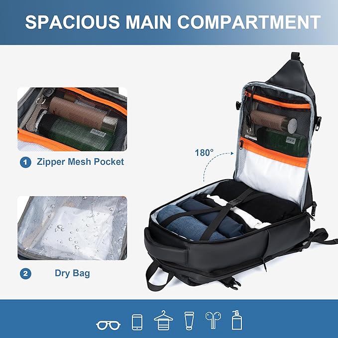Travel Backpack for Men and Women, Flight-Approved Carry-On Backpack with Laptop Compartment; Large-Capacity Personal Item for Business, Work, School, or Weekend Trips (Black).