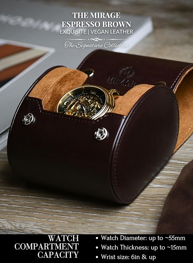 Single Watch Case Travel Box - Watch Travel Case for Men – Single Watch Roll - Espresso Brown Swiss Motif Vegan Leather
