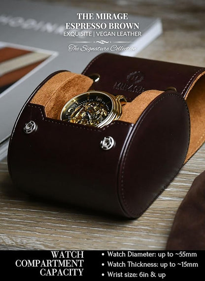 Single Watch Case Travel Box - Watch Travel Case for Men – Single Watch Roll - Espresso Brown Swiss Motif Vegan Leather