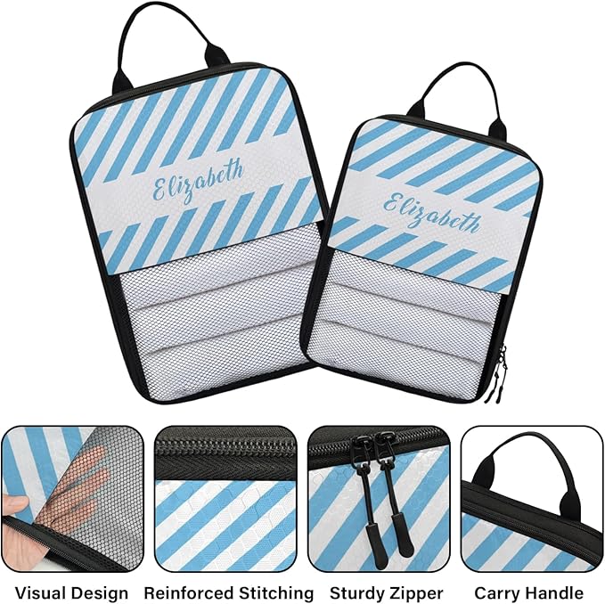 Custom 6 Set Compression Packing Cubes with Name Striped Personalized Compressible Expandable Packing Organizers Luggage Carry On Suitcase Bags Travel Accessories Gifts, Light Blue