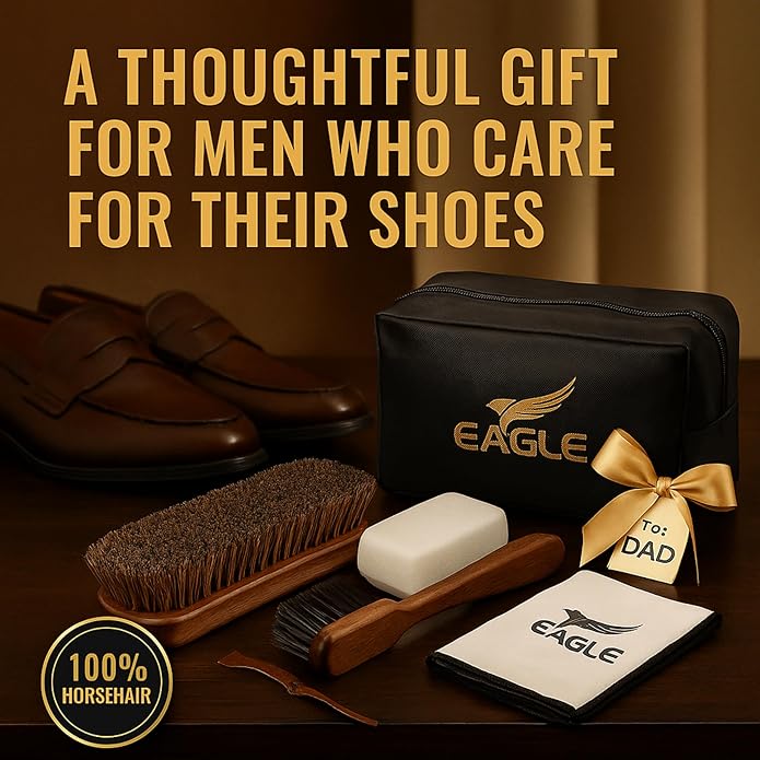 Eagle Shoe Shine Brush Kit 5-Piece Leather Care Set with Horsehair Brush, Daubers, Shine Sponge & Polishing Cloth for Shoes, Boots, Bags & Accessories
