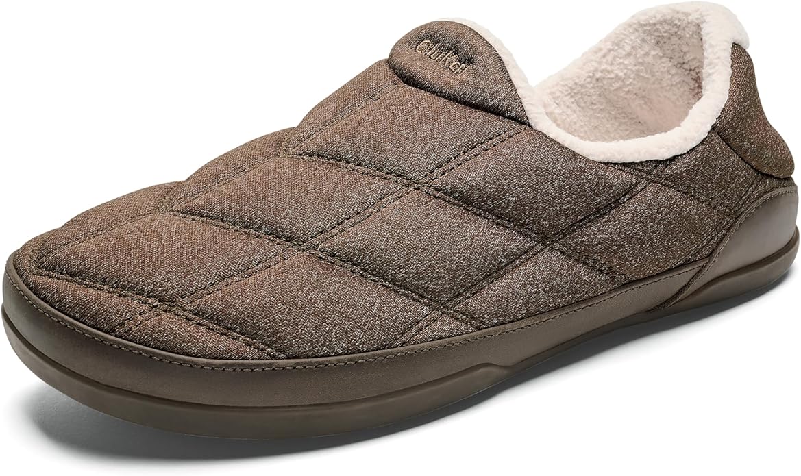 OLUKAI Puku'i Men's Fleece Slippers, Comfortable Activewear Slippers, Premium Full-Grain Leather & Jersey Knit, Drop-In Heel & All-Day Comfort