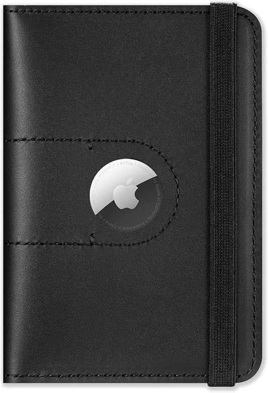 FIREDOG Passport Holder with AirTag Holder - Genuine Leather Passport Cover Travel Wallet with Elastic Strap for Men & Women,Airport Essentials Gift (Black)