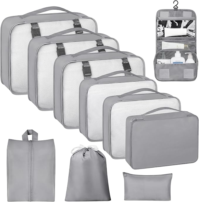 10 Set Packing Cubes for Travel, Travel Organizer with Hanging Toiletry Bag and Shoe Bag, Luggage Organizer Bags for Travel Essentials Women Men