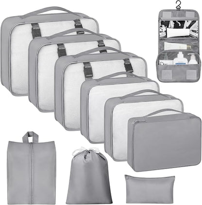 10 Set Packing Cubes for Travel, Travel Organizer with Hanging Toiletry Bag and Shoe Bag, Luggage Organizer Bags for Travel Essentials Women Men