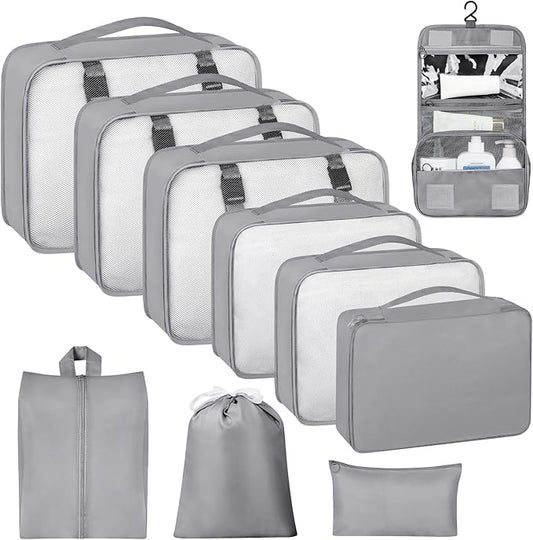 10 Set Packing Cubes for Travel, Travel Organizer with Hanging Toiletry Bag and Shoe Bag, Luggage Organizer Bags for Travel Essentials Women Men