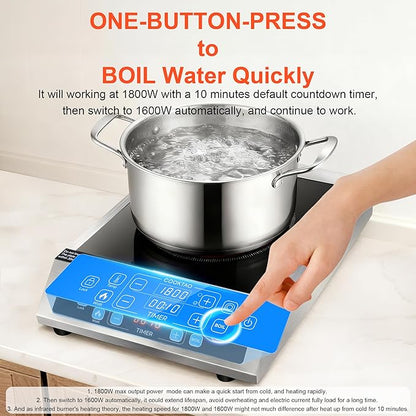 Dual Coils Design of Stainless Steel Single Burner Electric Cooktop, 1800W Commercial Ceramic Infrared Cooking Hot Plate, 12 inch Portable Countertop Radiant Stove Top Cooker with WATT n TEMP Control